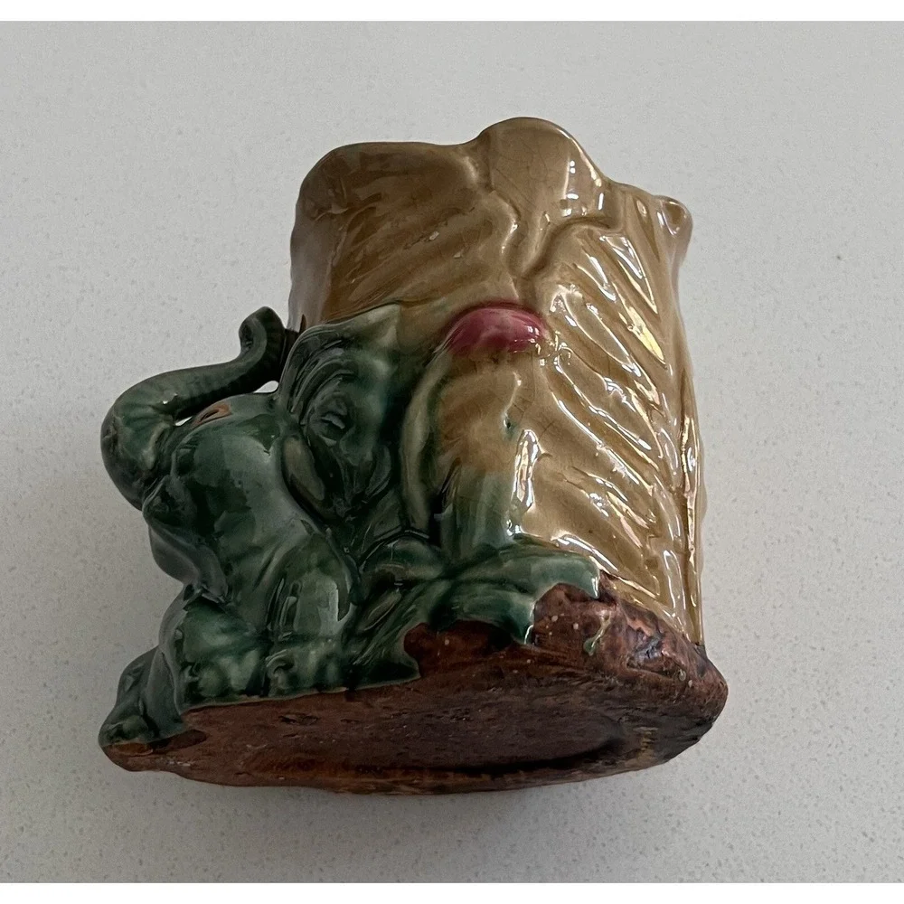 Vintage Majolica Pottery Ceramic Elephant Vase